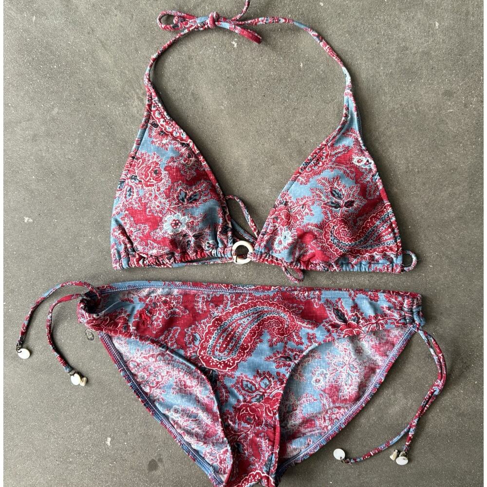 Ralph Lauren | Paisley String Bikini Set Blue Red Shell Charm Swimwear Y2K boho